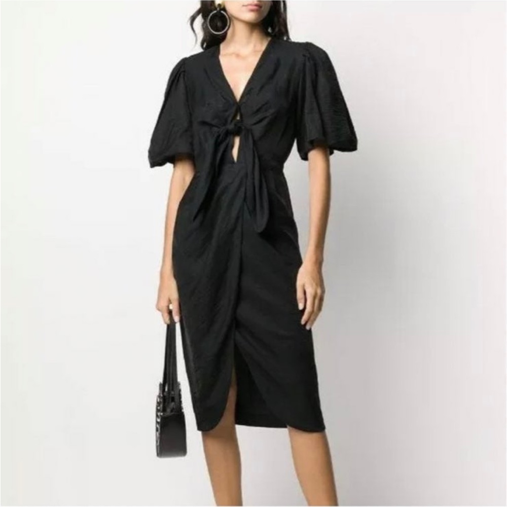 SANDRO Black Linen Tie Front Puff Sleeve Wrap Skirt Bloane Blum Midi Dress S - Picture 16 of 17